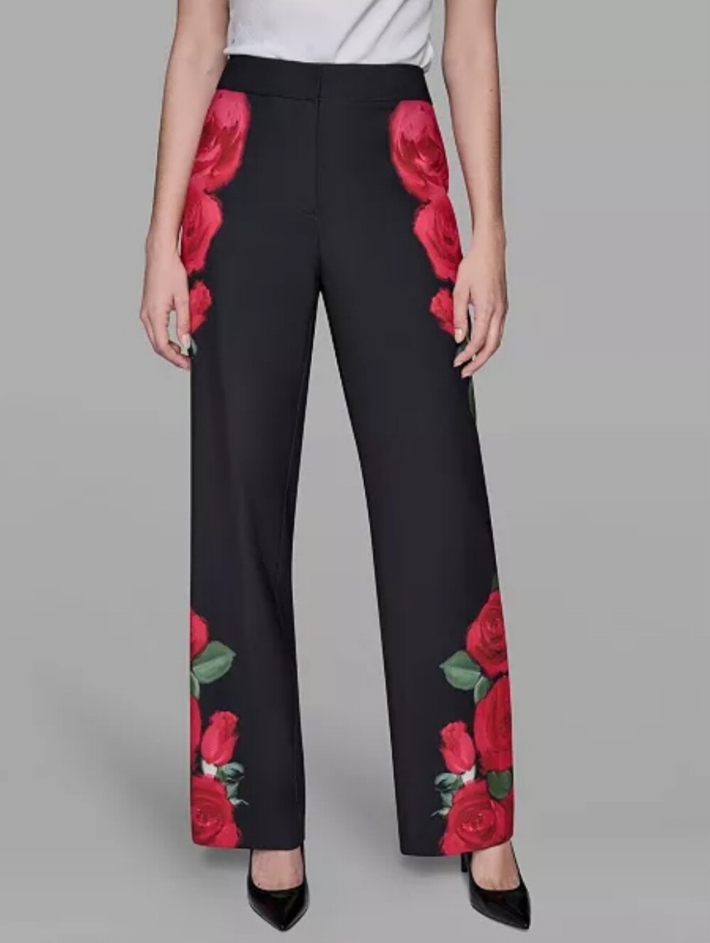 Karl Lagerfeld Paris Black Wide Leg Rose Floral Pant Size 6 Women's New